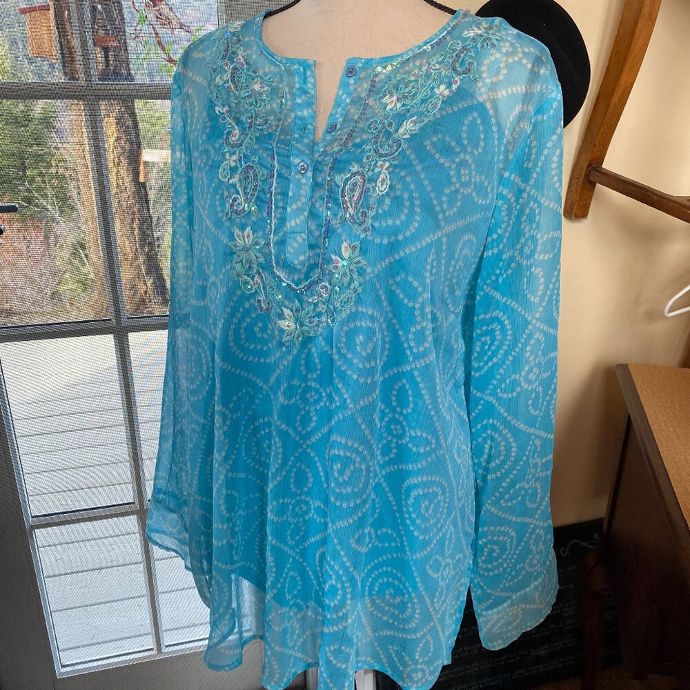 Vintage Motherhood Maternity L Aqua Georgette Tunic Hand-Embroidered w/Camisole
